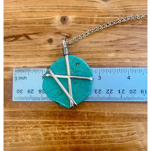 Turquoise Pendant Necklace Silver Wire Wrapped Natural Stone Boho Jewelry -New - Picture 13 of 16